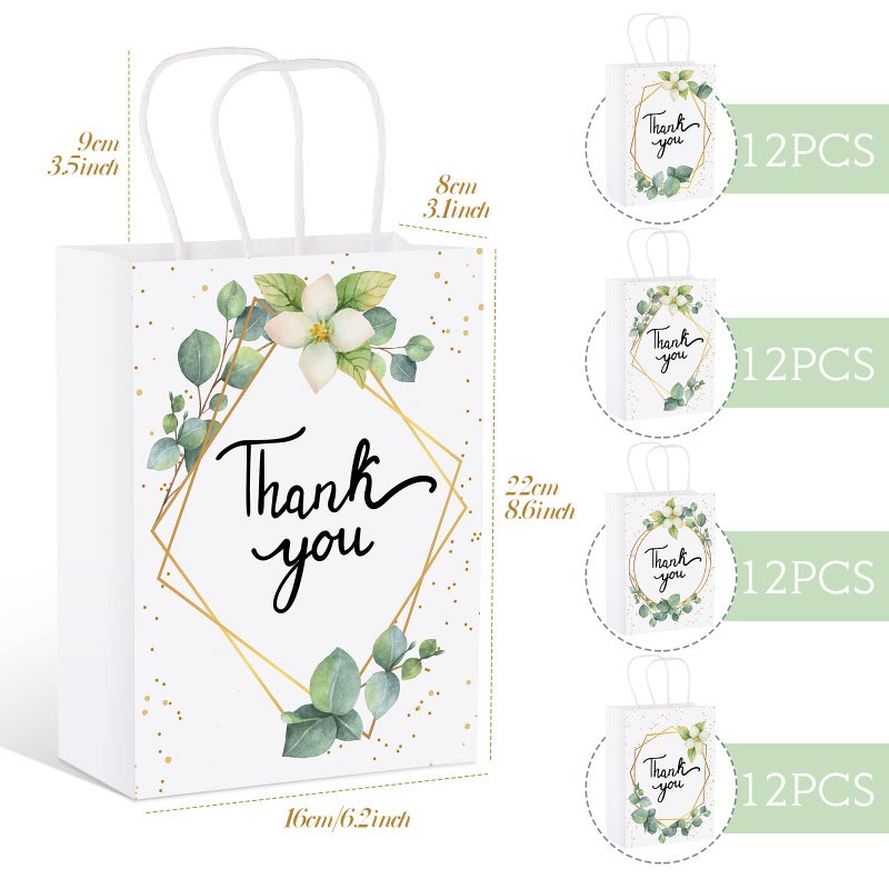 TaoBary Greenery Eucalyptus Small Thank You Bags Floral Design Paper Gift Bags with Handles Baby Shower Favor Bags Thank You Wedding Bags White Kraft Paper Bags for Birthday Party  6.3 x 3.1 x 8.7'' (48) - Image 3